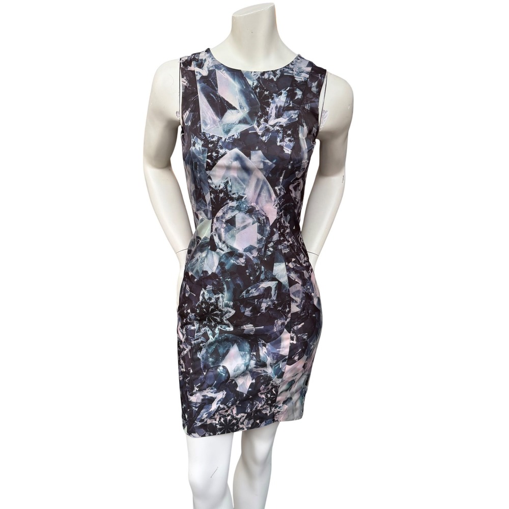H&M Sheath Dress Diamond Kaleidoscopic Print Back Cutout Black Purple Cyber US 6